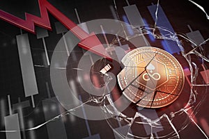 Shiny golden EDGELESS cryptocurrency coin broken on negative chart crash baisse falling lost deficit 3d rendering photo