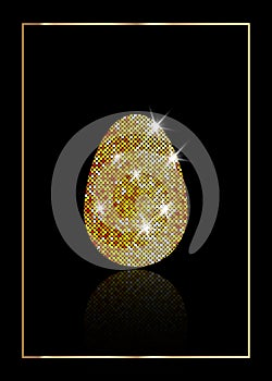 Shiny golden egg with luxury gold texure. Vector Happy Easter, Greeting, Invitation Cute Card.