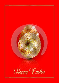 Shiny golden egg with luxury gold texure. Vector Happy Easter, Greeting, Invitation Cute Card. photo