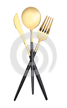 Shiny golden fork, spoon and knife isolated on white. Luxury cutlery