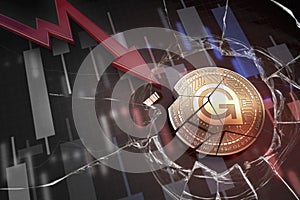Shiny golden GAMECREDITS cryptocurrency coin broken on negative chart crash baisse falling lost deficit 3d rendering photo