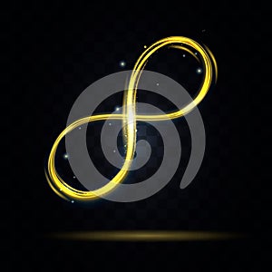 Shiny Golden Infinity Symbol on a Dark Background. Vector