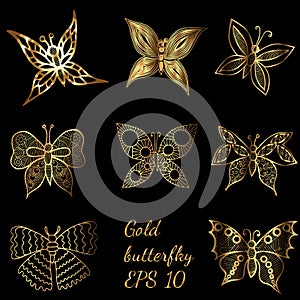 Shiny golden line butterflies on the black background