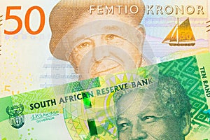 A shiny, green 10 rand bill from South Africa paired with a gray and orange fifty kronor note from Sweden.