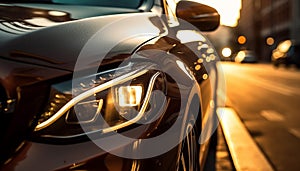 Shiny headlight illuminates modern luxury sports car in blurred motion generated by AI