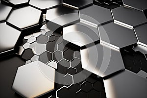 Shiny hexagonal metal plates with a gradient of silver and black create a modern abstract background