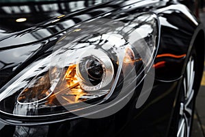 Shiny, high priced car headlight exemplifies automotive artistry and luxury photo