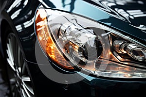 Shiny, high priced car headlight exemplifies automotive artistry and luxury photo