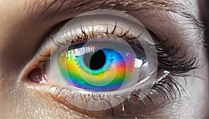 Shiny human eyeball with reflective colors of rainbow