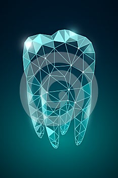 Shiny low polygonal tooth with glowing effect