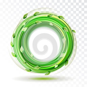 Shiny magic motion circle frame with glowing leaves and flying dust particles isolated on white background, vector