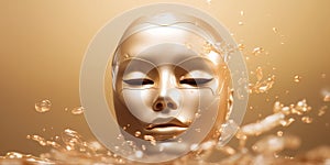 Shiny masks isolated on golding water cosmetic cream background. Closeup of Gold Cosmetic Face Mask on soft skin. Banner