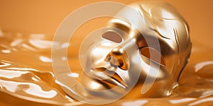 Shiny masks isolated on golding water cosmetic cream background. Closeup of Gold Cosmetic Face Mask on soft skin. Banner