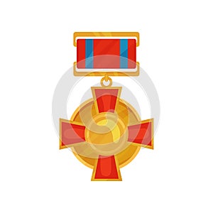 Shiny medal in circle shape with red cross. Golden reward for honor. Military award. Flat vector icon
