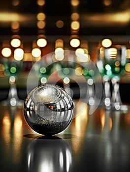 Shiny metal ball on table, surrounded by several wine glasses. There are also two empty wine glasses placed next to