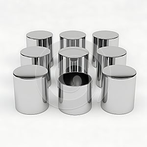 Shiny metal cylindrical containers arranged in a grid pattern