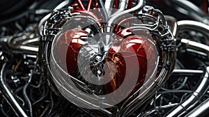Shiny metal human heart surrounded blood vessels made with chromed iron conductive tubes and electrical connections
