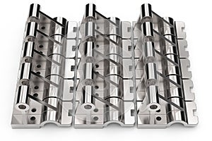 Shiny metal parts made of steel on a white background. 3D illustration.