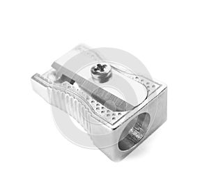 Shiny metal pencil sharpener isolated on white