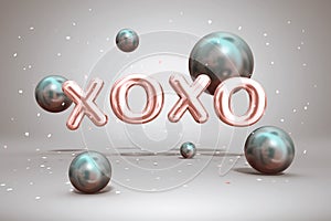 Shiny metal pink gold letters XOXO and bright flying blue balloons spheres on festive background with confetti for Valentines Day