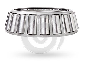 Shiny metal single row round roller bearing designed to absorb radial and one-sided axial loads of the vehicle. Sale of spare