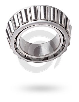 Shiny metal single row round roller bearing designed to absorb radial and one-sided axial loads of the vehicle. Sale of spare