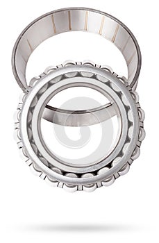 Shiny metal single row round roller bearing designed to absorb radial and one-sided axial loads of the vehicle. Sale of spare