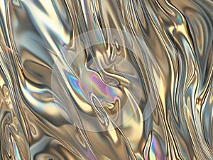 Shiny metallic gold abstract wavy liquid holographic background