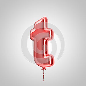 Shiny metallic red balloon letter T lowercase isolated on white background