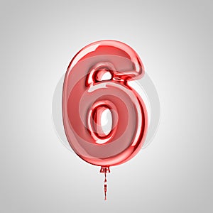 Shiny metallic red balloon number 6 isolated on white background