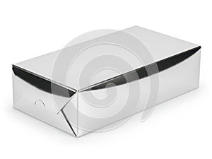 Shiny metallic silver rectangular box on white background