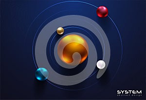 Shiny metallic spheres orbit around center ball on dark blue background. Science or education futuristic abstract design. Solar