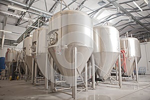 Shiny microbrewery beer tanks at beer factory