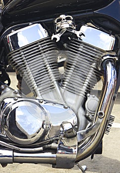 Shiny motorcycle engine with decoration