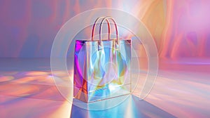 Shiny multicolored iridescent shopping bag mockup in vibrant light, ai generated photo