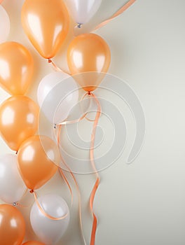 Shiny orange and white balloons on neutral light gray background with copy space. Festive background. Generative AI,