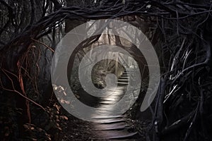 Shiny Pathway in Fairy Tale Styled Scary Forest of Nightmares, Generative AI