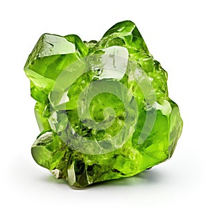 A shiny peridot nugget with a smooth, glossy surface and a vibrant green hue, isolated on a white background, Ai Generated