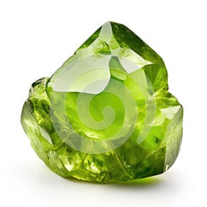 A shiny peridot nugget with a smooth, glossy surface and a vibrant green hue, isolated on a white background, Ai Generated