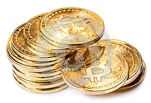 Shiny physical bitcoins isolated on white background. Blockchain technology.