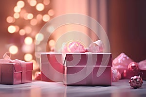 Shiny pink boxes with gifts on the background of a bokeh of garlands. Christmas atmosphere. Generative AI