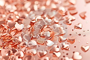 Shiny pink foil hearts, confetti background for valentine's day. Generative AI