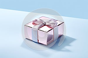 Shiny pink gift box with pink ribbon bow on blue background, birthday and Valentine present promotion offer concept. Generative AI
