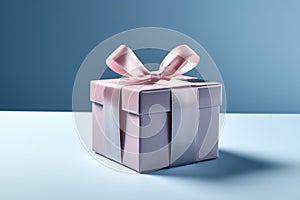 Shiny pink gift box with pink ribbon bow on blue background, birthday and Valentine present promotion offer concept. Generative AI