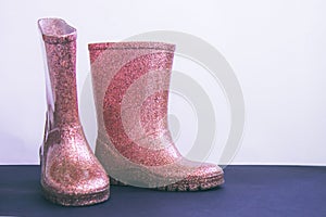 Shiny pink rubber boots on bright background