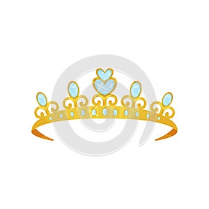 Shiny princess tiara decorated with blue gems. Golden queen crown. Woman s head accessory. Symbol of royal dignity