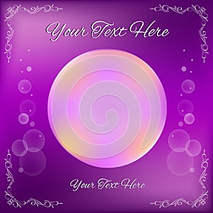 Shiny purple background abstract gradient bubble template, hand drawn corner florishes, round shape copyspace