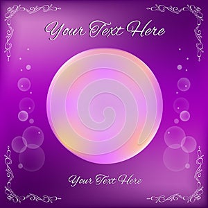 Shiny purple background abstract gradient bubble template, hand drawn corner florishes, round shape copyspace photo