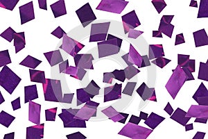 Shiny purple confetti falling on white background