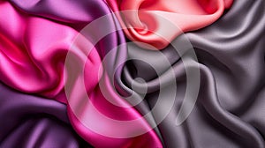 Shiny purple and pink silk fabric with smooth elegant waves and texture forms a luxurious backdrop